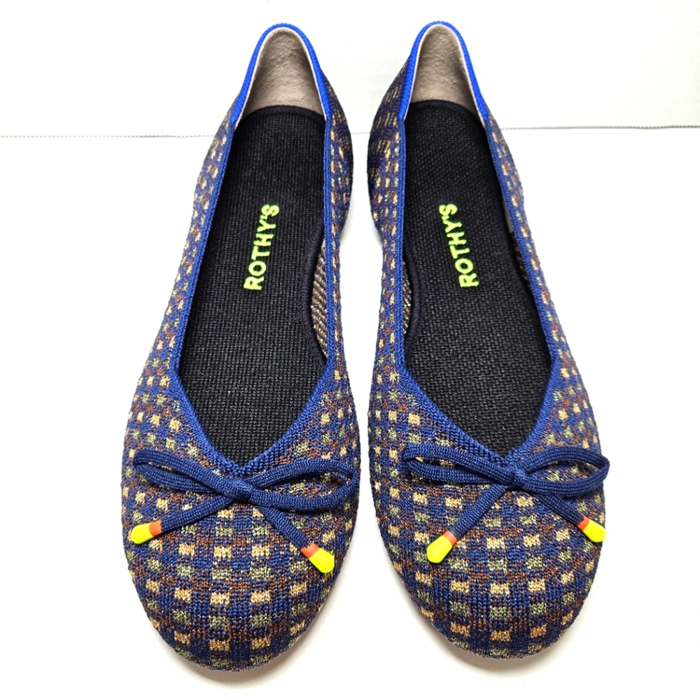 Rothy's The Bow Flat Evening Metallic Women's Sz 7.5 Ballet Plaid Navy Gold - Picture 3 of 12